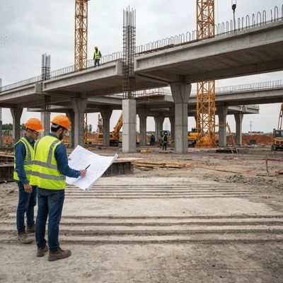 Engineers reviewing blueprint on a construction site, with a focus on concrete slab support beams, safety gear, no text, no words, no typography, 8K, realistic photo