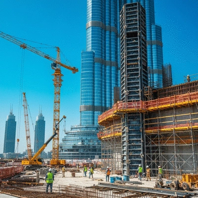 Burj Khalifa construction site with aluminum formwork, showcasing speed and efficiency, no text, no words, no typography, 8K