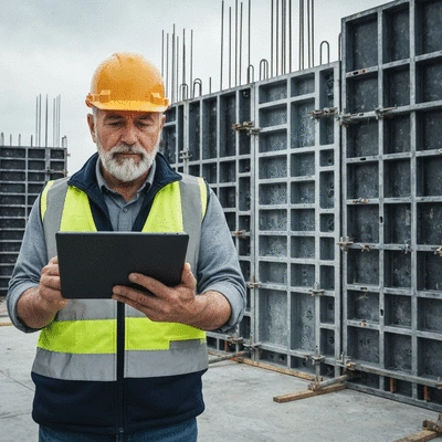 Construction site supervisor reviewing digital performance data on a tablet with a background of aluminum formwork, no text, no words, no typography, 8K, clean image