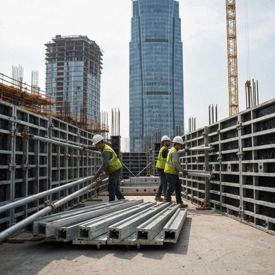 Construction workers assembling aluminum formwork on a large-scale project site