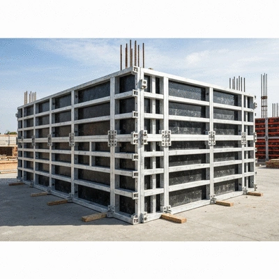 Close-up of aluminum formwork being used in a construction site, highlighting its structural integrity, no text, no words, no typography, no labels, clean image