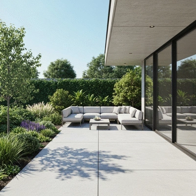 Modern concrete patio slab with outdoor furniture, clean image
