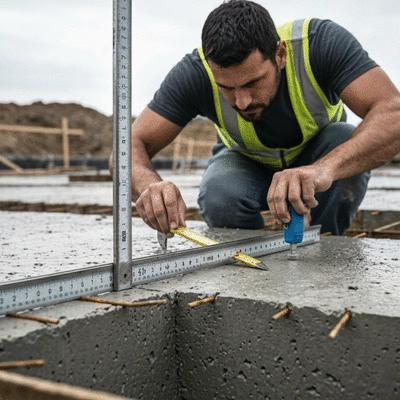 Close-up of a construction worker inspecting a concrete slab foundation