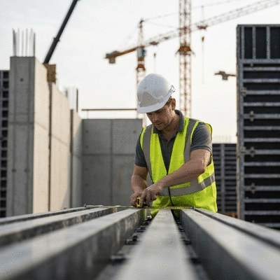 Construction worker inspecting aluminum formwork for quality and safety on site