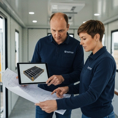Engineers reviewing blueprints and a 3D model of a concrete slab formwork system on a tablet