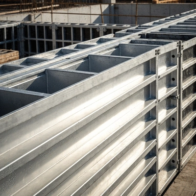 Detailed close-up of aluminum formwork panels on a construction site, highlighting material quality and design, no text, no words, no typography, 8K