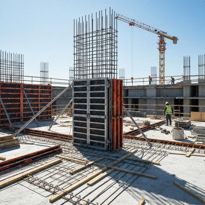 Modern aluminum slab formwork system on a construction site for a high-rise building, with workers in the background, no text, no words, no typography, clean image, 8K