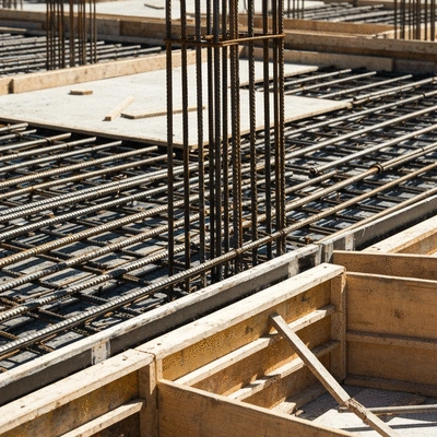 Detailed close-up of rebar and formwork during concrete slab preparation, construction site, no text, no words, no typography