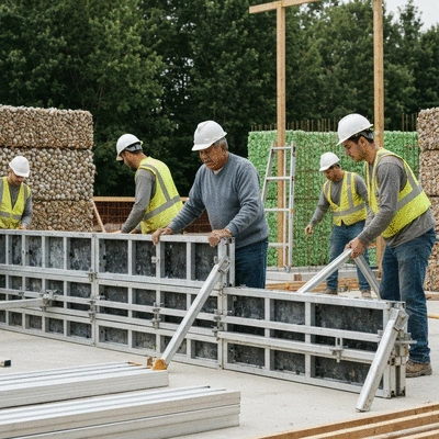 Lightweight aluminum formwork being handled by construction workers with a green, sustainable construction site in the background, no text, no words, no typography, clean image