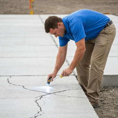 Professional contractor inspecting a concrete slab for cracks and damage, focused and detailed, clean image, no text, no words, no typography, 8K