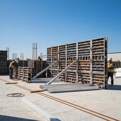 Detailed close-up of aluminum formwork being assembled on a construction site