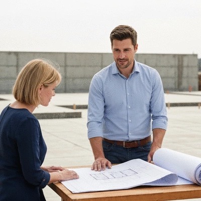 Architect and client discussing blueprints on a construction site, with a concrete slab foundation in the background, no text, no words, no typography, clean image