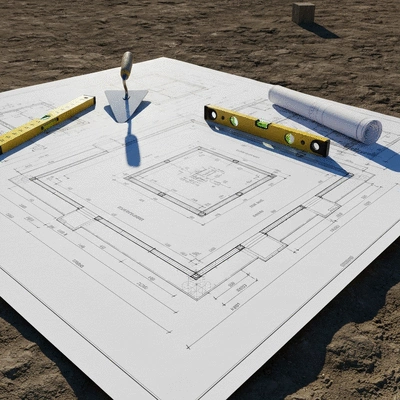 Blueprint of a house foundation with construction tools