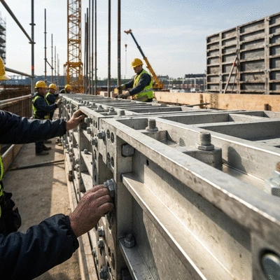 Detailed close-up of modular aluminum formwork components being assembled on a construction site