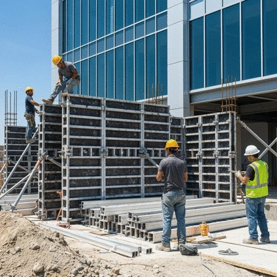Construction workers assembling modular aluminum formwork on a building site