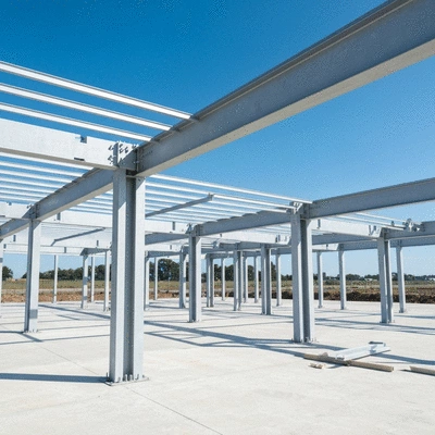 Modern aluminum post-and-beam construction system on a bright construction site