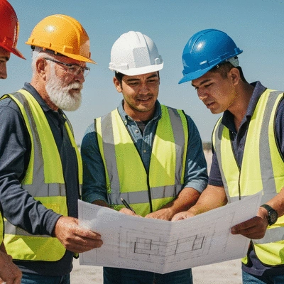 Construction workers reviewing blueprints and discussing concrete slab specifications on a job site, no text, no words, no typography, clean image