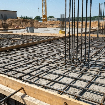 Close-up of rebar grid being installed in a concrete slab foundation