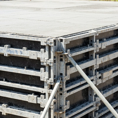 Close-up industrial shot of modular formwork system supporting a concrete slab during construction, clean image, no text, no words, no typography, 8K
