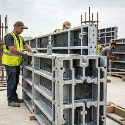 Close-up of aluminum formwork components being assembled on a construction site, showing modularity and precision, safety gear visible, no text, no words, no typography, 8K