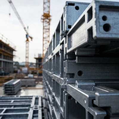 Close-up view of aluminum alloy panels used in modular formwork, highlighting their smooth surface and interlocking mechanisms