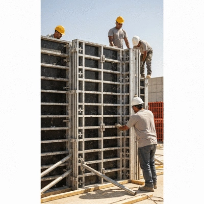 Modular aluminum formwork system being assembled by construction workers