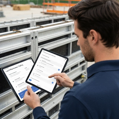 Construction worker using a tablet for digital maintenance tracking on site