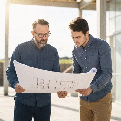 Contractor discussing blueprint with client, showing professional interaction, clean image