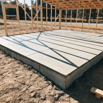 Shed construction with a newly poured concrete slab foundation, showing durability and stability