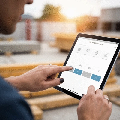Close-up of a user interacting with a concrete cost calculator interface on a tablet, no text, no words, no typography, 8K, clean image