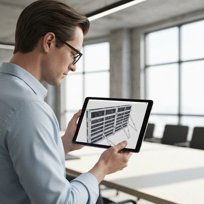 Architect reviewing 3D BIM model on a tablet with aluminum formwork components displayed
