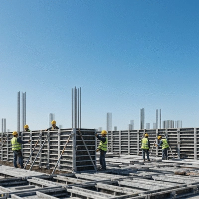 Modern construction site with aluminum formwork panels being assembled, clear blue sky, no text, no words, no typography, 8K
