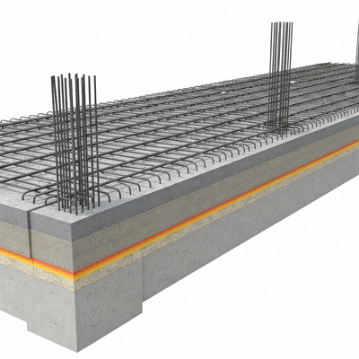 Detailed cross-section of a reinforced concrete slab showing rebar placement