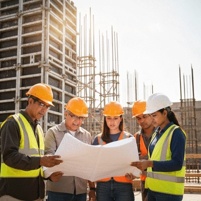 A team of construction workers reviewing blueprints on a construction site with aluminum formwork in the background, clean image, no text, no words, no typography, no labels, clean image