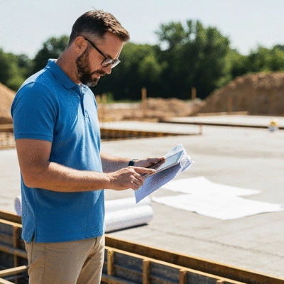 Construction manager reviewing blueprints on a tablet at a concrete slab construction site