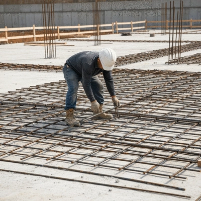 Construction workers laying rebar for concrete slab reinforcement on a construction site, no text, no words, no typography, no labels, clean image
