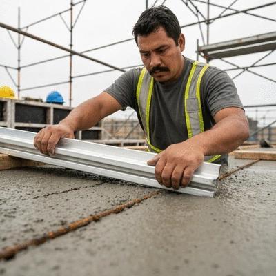 Close-up of a construction worker safely removing aluminum formwork from a cured concrete slab