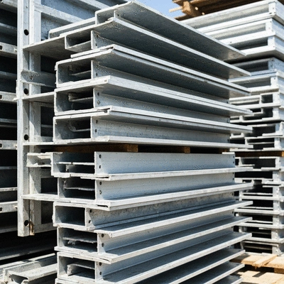 Close-up of aluminum formwork panels stacked neatly on a construction site, emphasizing reusability and sustainability, bright natural light, no text, no words, no typography, 8K
