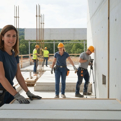 Sustainable construction site with aluminum formwork and green energy elements