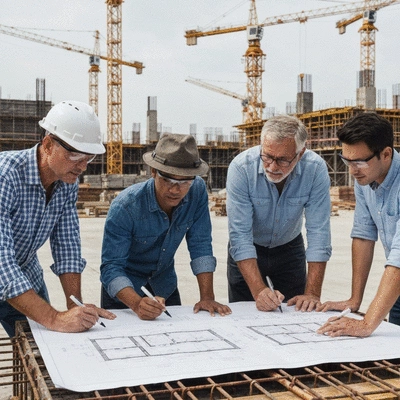 Architects reviewing concrete slab blueprints on a construction site