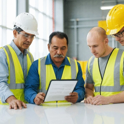 Team of construction workers reviewing a maintenance checklist on a tablet
