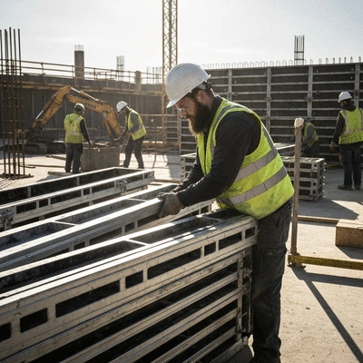 Construction worker assembling aluminum formwork panels on a building site