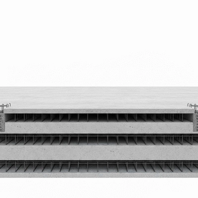 Detailed cross-section of a commercial concrete slab showing different layers and reinforcement, no text, no words, no typography, clean image