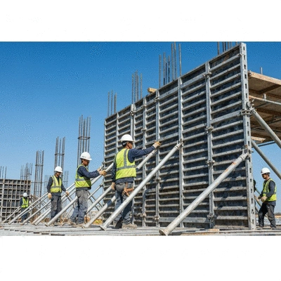 Construction site with aluminum formwork and workers adapting to seasonal weather