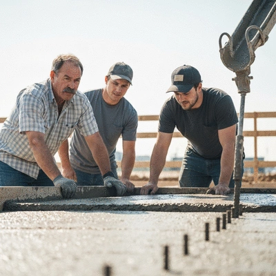 Construction workers overseeing a concrete slab pouring on a building site