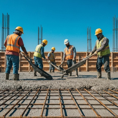 Construction workers pouring concrete for a slab foundation