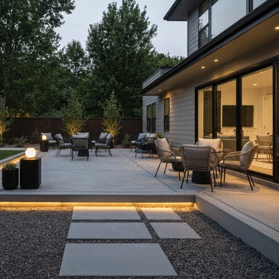 Modern backyard patio with a concrete slab, outdoor furniture, and ambient lighting, no text, no words, no typography, 8K