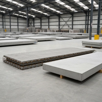 Different types of concrete slabs (conventional, reinforced, lightweight, high-strength) visually represented in a warehouse setting, clean image, no text, no words, no typography, 8K