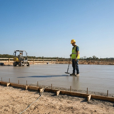 Construction worker overlooking a newly poured concrete slab