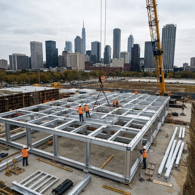 Urban construction site with aluminum prefabrication